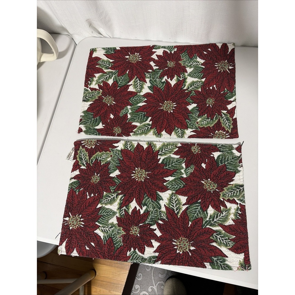 Set of 2 Poinsettia Tapestry Christmas Placemats Floral Red Green Rectangular